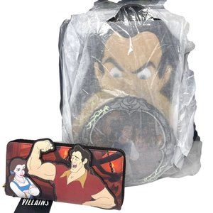 Loungefly Disney Villains Gaston Lenticular Mini Back Pack and Wallet NEW